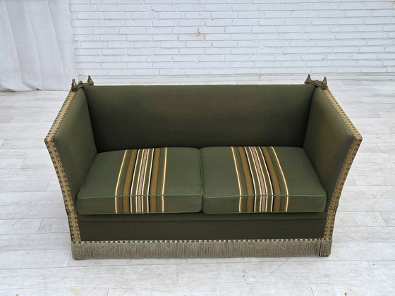 1970s, Danish 2-seater drop arm "Spanish" sofa, furniture wool. – 2 seaters, Wood (photo 20 of 20)