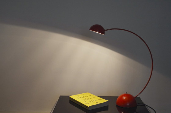 Image 1 of Red Italian Desk Lamp Vintage Lacri Space Age Table Lamp Curved Arched Lamp Metal Postmodern Halogen Light Made in Italy