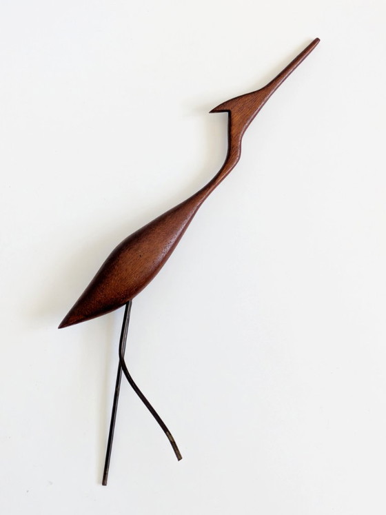 Image 1 of Teakhouten kraanvogelsculpturen uit het midden van de 20e eeuw, Deense modernistische houten vogels op een sokkel, decoratie uit