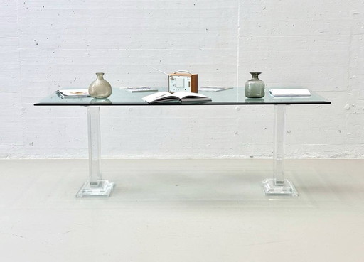 Glass table with acrylic glass column legs by FABIANART from Rome, Italy, 1980s