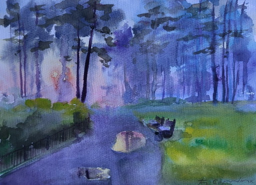 Original Watercolor Painting Cityscape Park Morning After Rain – schilderijen tekeningen, Paper