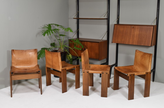 Image 1 of 4x Chaises Monk en cuir cognac par Afra & Tobia Scarpa pour Molteni, Italie 1974