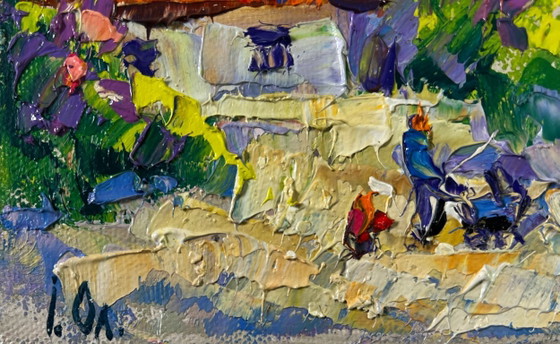 Image 1 of Original Oil Painting Summer Village Landscape Bloom and light between buildings