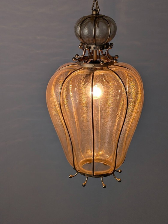 Image 1 of Handgeblazen lantaarn van Murano-glas van Barovier & Toso met 24-karaats goud en messing, jaren 60.