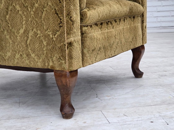 1950s, Danish relax chair, furniture velour, beech wood., Armchairs, Textile, Green (photo 17 of 18)