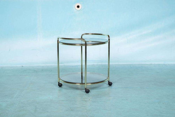 Image 1 of Vintage trolley brass & smoked glass Space age bar cart brass