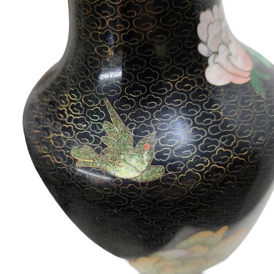 Image 1 of Large vintage black cloisonné vase