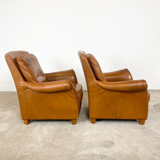 Fauteuils en cuir, marron, Bois, Vintage (photo 2 sur 13)