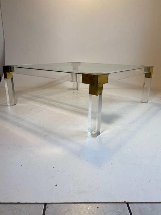 Hollywood Wood regency Couchtisch in Messing/ Lucite / Glas 70er, Couchtische, Plexiglas, Gold (Foto 2 von 7)