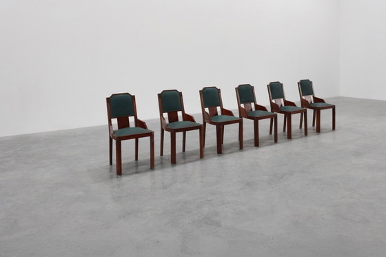 Image 1 of Set van 6 Art Deco eetkamerstoelen in hout met originele bekleding, België jaren 30