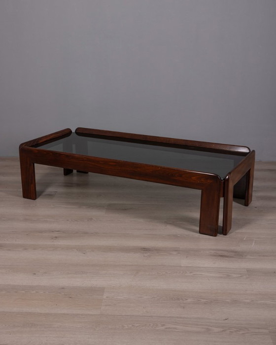 Image 1 of VINTAGE 1970s RECTANGULAR WOOD AND GLASS TABLE DESIGNED BY AFRA AND TOBIA SCARPA