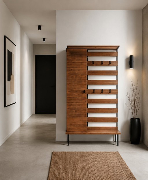 Vintage hallway closet with coat rack and shoe cabinet from the 1960s
