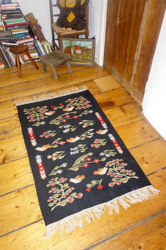 Image 1 of Vintage Oltenian Handwoven Bessarabian Kilim Rug with Birds, Tulips, and Flowers - Romanian Floral Woolen Wall Tapestry