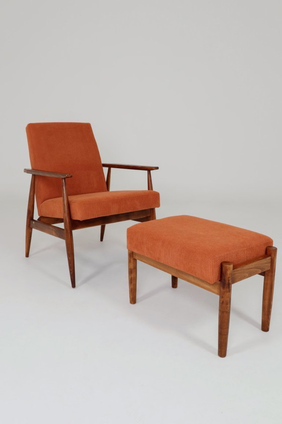 Image 1 of Ensemble vintage fauteuil et pouf en velours côtelé orange, Henryk Lis, 1960, Pologne