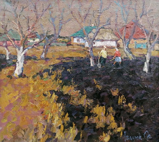 Peinture à l'huile originale Paysage de campagne Maison Jardin Village Campagne Début du printemps