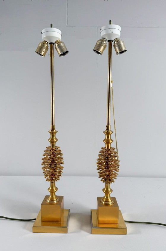 Image 1 of Set of 2 table lamps by Maison Charles, Hollywood Regency, pine cone/pine, France, 1970s