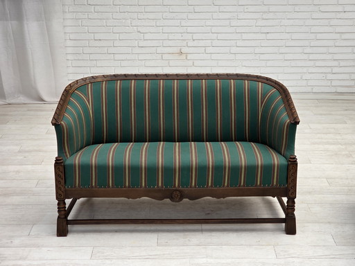 1950s, Danish 2-seater sofa, green furniture wool, oak wood.