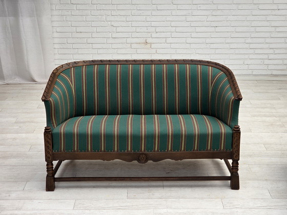 Image 1 of Anni '50, divano danese a 2 posti, lana per mobili verde, legno di quercia.
