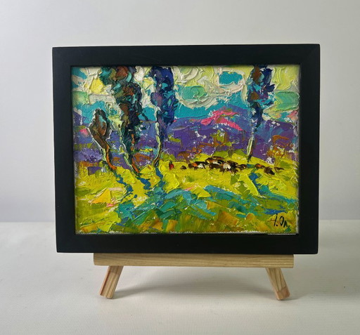 Original Oil Painting: Summer Field Landscape Poplars Above the Path in Fog