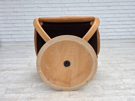 Image 1 of Scandinavische draaibare fauteuil uit de jaren 80, meubelleer, gebogen hout.