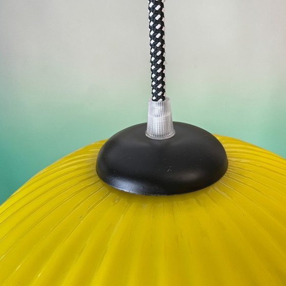 Image 1 of Large Space Age inspired yellow opaline ribbed glass dome hanging light for dining room, 1970s