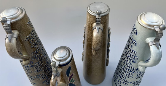 Image 1 of Lot de 4 chopes à bière vintage originales en grès avec couvercles en étain – König / GERZ – Allemagne, années 1970-1980