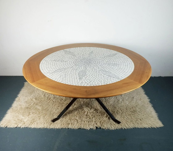 Image 1 of large round 60s mosaic tile top coffee table white mosaic walnut frame chrome base