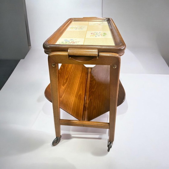 Image 1 of Original 60s serving trolley with newspaper rack and removable Grünstadt fine ceramics tray, Mid - Century classic