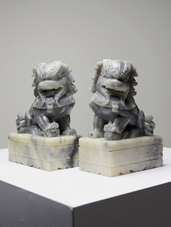 Image 1 of Pair of small Dogs/Lions Foo carved soapstone vintages