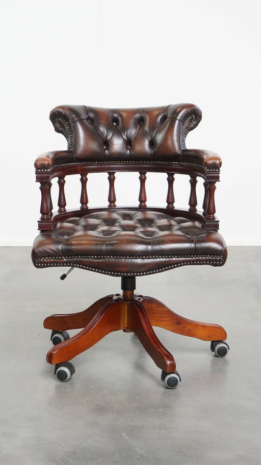 Beef leather and wood chesterfield office chair on wheels