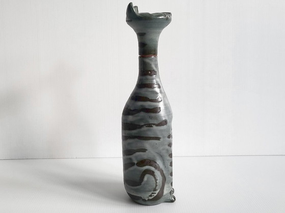 Image 1 of Vintage likeurfles uit de jaren 60 met kattenmotief, keramiek, jaren 60, zie handtekening.