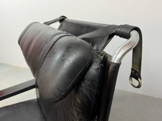 Image 1 of Beautiful black leather Brutalist armchair, designed by Sonja Wasseur. Amsterdam, Netherlands, 1970s.