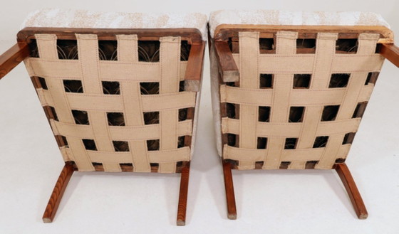 Image 1 of Sedie e tavolini vintage in legno jacquard beige