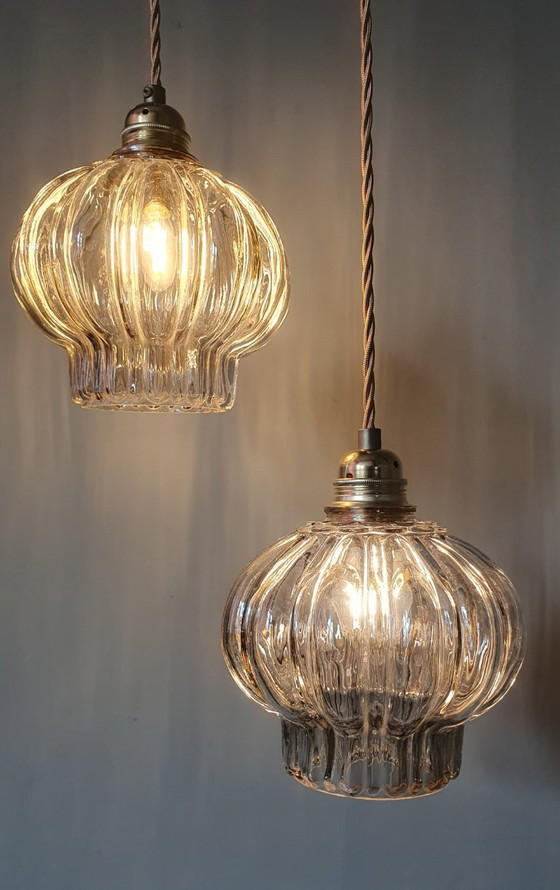 Image 1 of Set of two vintage floral pendant lamps in lantern shape. Mid Century