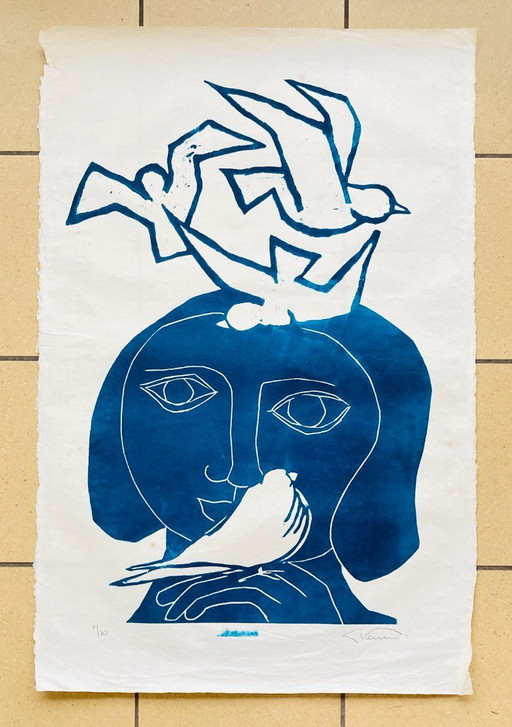 Libbe Venema - Linogravure vintage - Années 1970/80 - Bleu