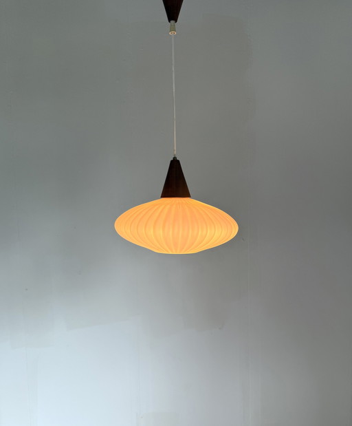Vintage Danish pendant lamp milk glass & teak '60s