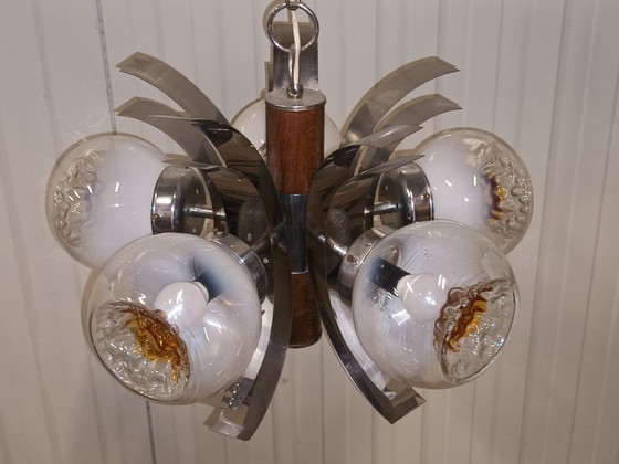 Space Age Chandelier, Murano Glass & Chrome, 70s, Mazzega, Metal, Silver (photo 13 of 15)