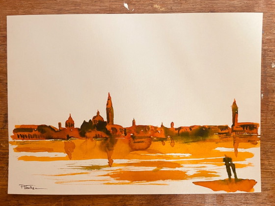 Cuadro Firmado: Paisaje Italiano al Amanecer 'Amanecer sobre Venecia' – Arte, Paper (photo 3 of 11)