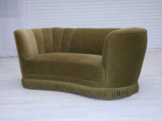 Image 1 of 1960s, Danish 2-seater "Banana" sofa, original green furniture velour.