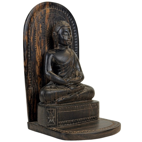 Buda de madera de calamandro de Sri Lanka en Dhyana Mudra con aureola – Lote 756 – Esculturas (photo 3 of 8)