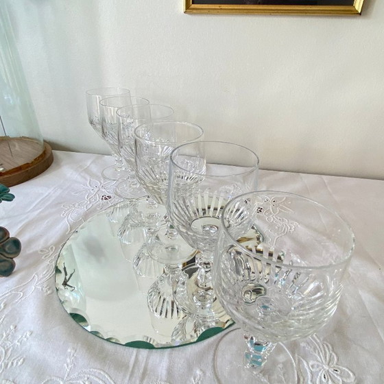 Image 1 of 6 antique carved stemmed glasses, wine or water glasses