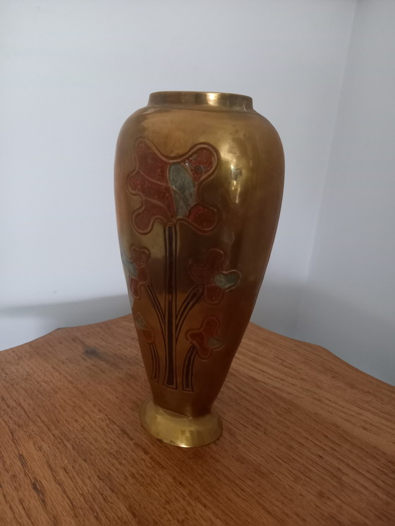 Image 1 of Antique Brass Champlevé Vase – Art Deco / Art Handmade