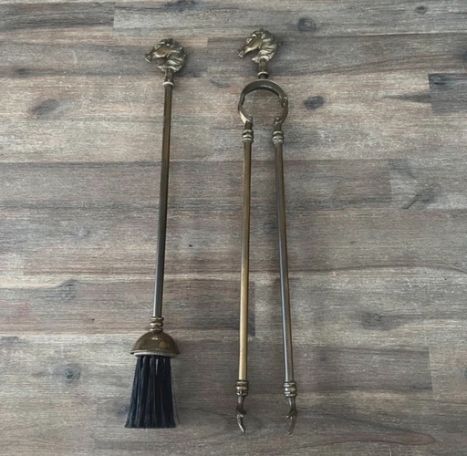 Vintage brass fireplace utensils (tongs & brush) with horse-head handles, 1950s French fireplace set