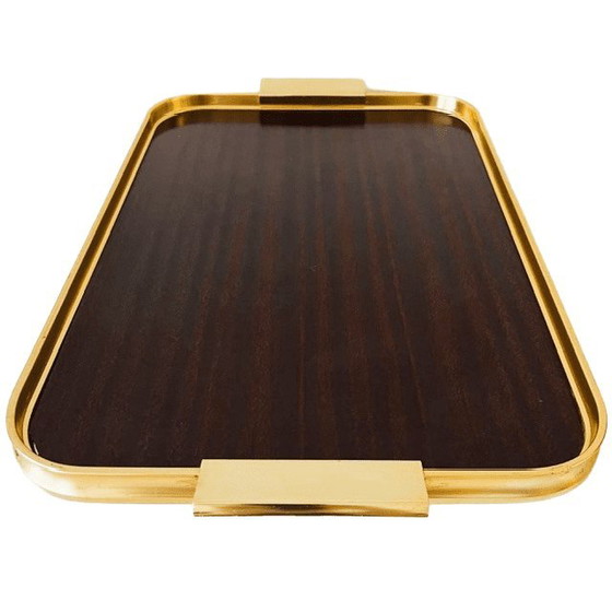 Image 1 of Vassoio vintage italiano di metà secolo in palissandro e ottone, stile Hollywood Regency anni '60