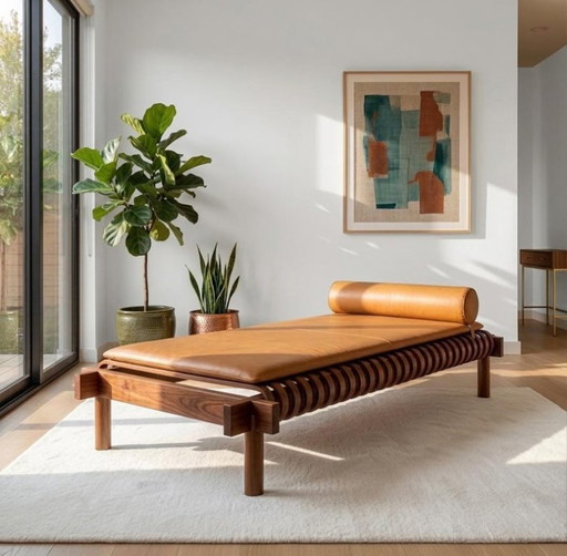 Modernes Tagesbett mit Lattenrost aus Walnussholz und Leder | Gerippte, architektonische Chaiselongue-Bank