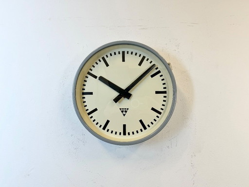 Industrial Light Grey Factory Wall Clock from Pragotron, 1960s