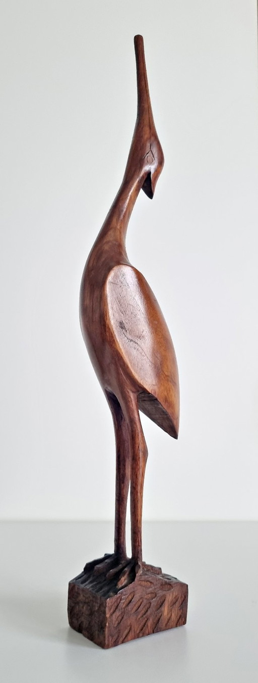 Escultura de garza de teca vintage de mediados de siglo, 45 cm.
