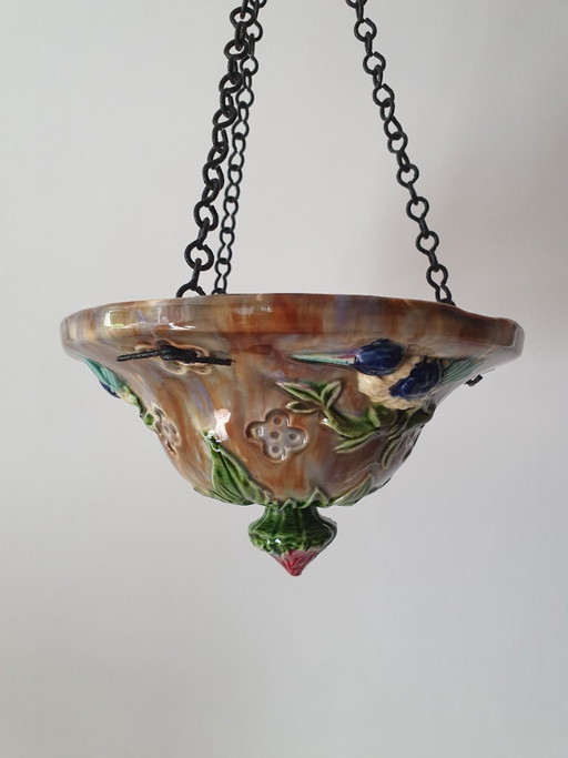 Hängender Majolika-Blumentopf mit Vögeln (Barbotine) – 23,5 cm – vazen, Ceramic (photo 2 of 10)