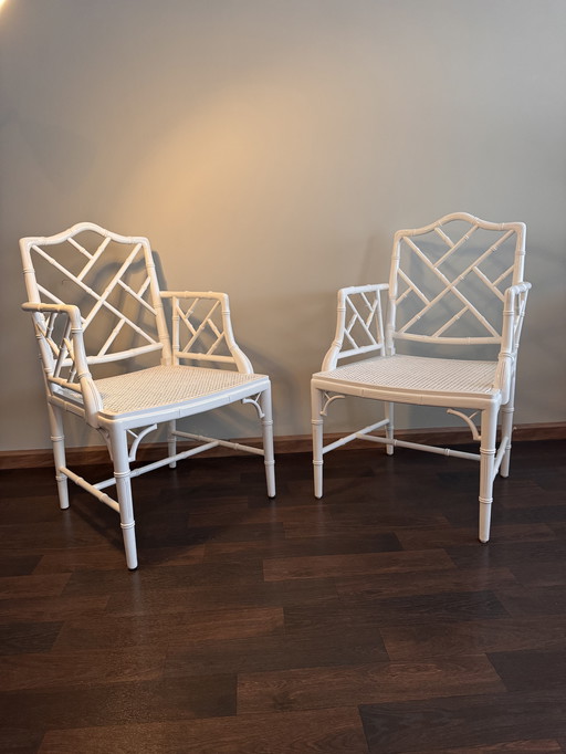 2x white Chippendale Faux Bamboo Jonathan Adler armchair