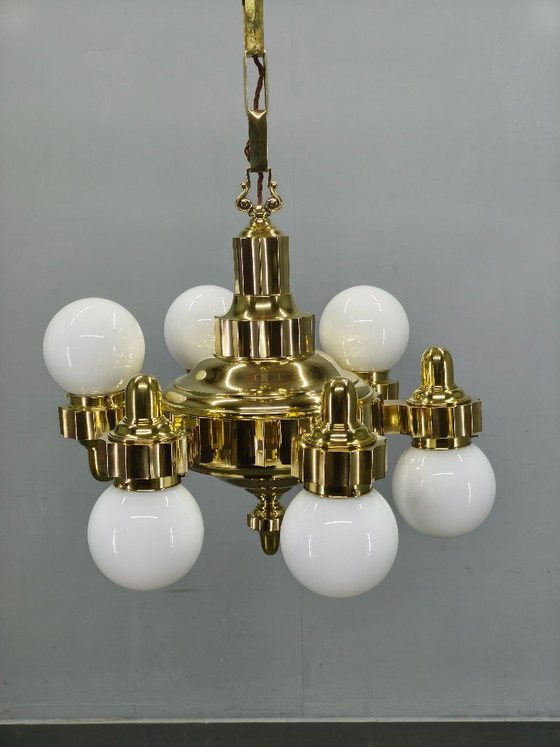Image 1 of Lustre Art Déco tchèque en laiton à double position de bras, années 1930